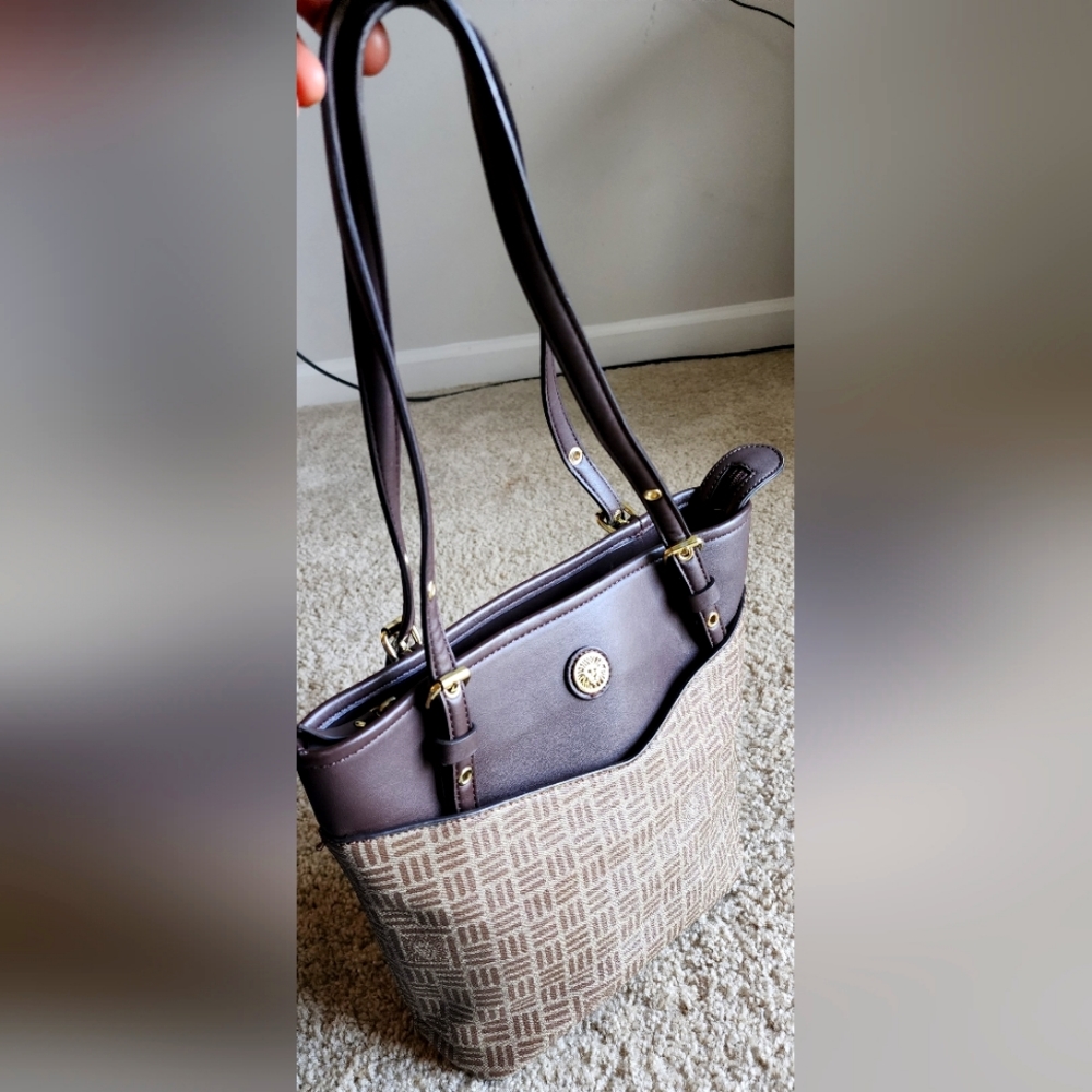 Anne Klein Womens V Pocket Logo Tote Handbag Walnut Color